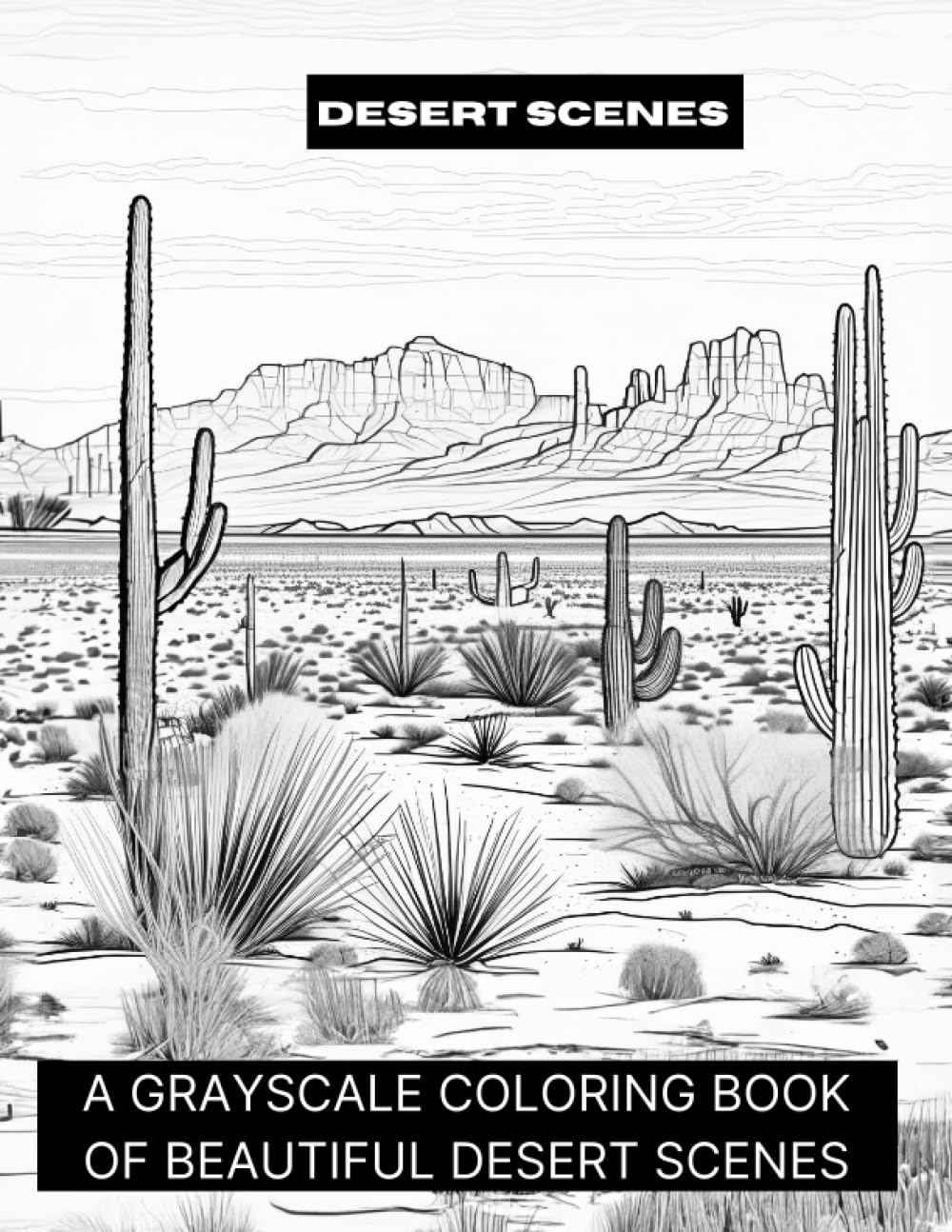 Desert Scenes: A Grayscale Coloring Book of Beautiful Desert Scenes