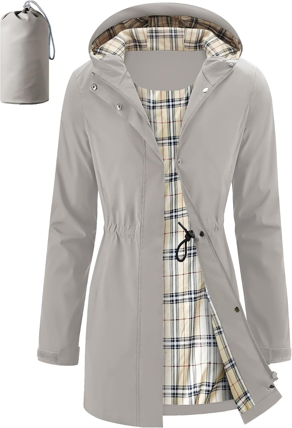 iCreek Women’s Rain Jacket Packable Long Raincoat Hooded Plaid Lined Trench Coat Waterproof Windproof Lightweight for Outdoor