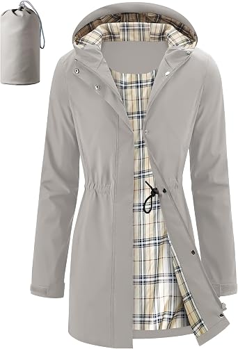 iCreek Womens Long Rain Jacket Waterproof Packable Hooded Windbreaker | Long, Rain Coat, Windproof, Lightweight, Drawstring Waist, Plaid Lined, Zip Pockets, Outdoor, Travel, Daily Wear
