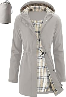 iCreek Women's Long Rain Jacket Waterproof Packable Hooded Windbreaker | Long, Rain Coat, Windproof, Lightweight, Drawstring Waist, Plaid Lined, Zip Pockets, Outdoor, Travel, Daily Wear