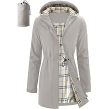 iCreek Womens Rain Jacket Packable Long Raincoat Hooded Plaid Lined Trench Coat Waterproof Windproof Lightweight for Outdoor