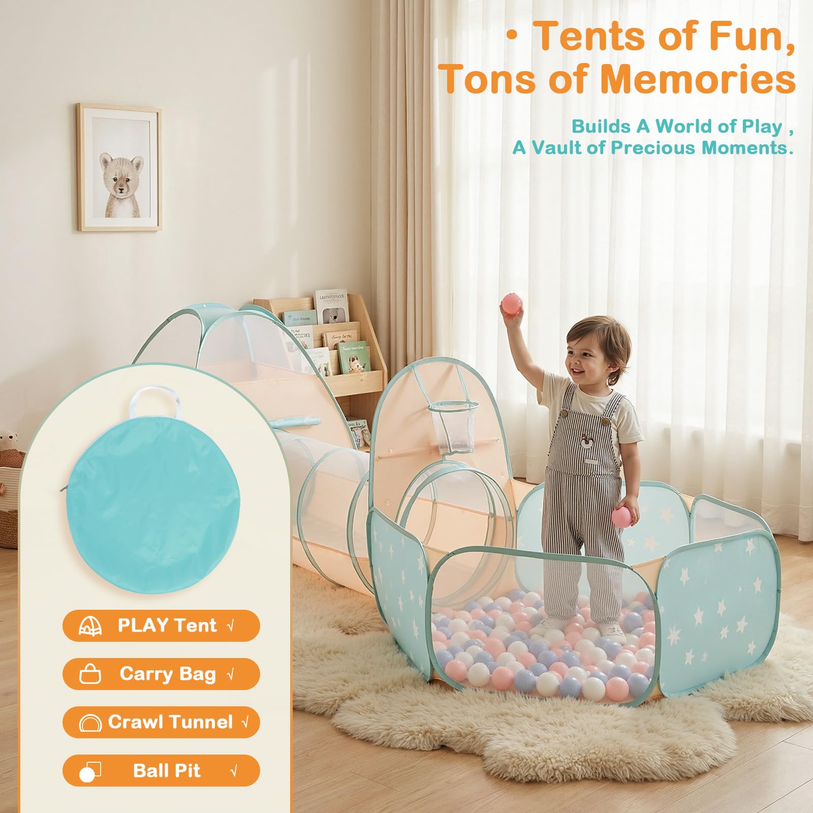 SISTICKER Tenda da gioco per bambini con piscina di palline: tenda da gioco pop-up 3 in 1 con tunnel per gattonare, con borsa per il trasporto