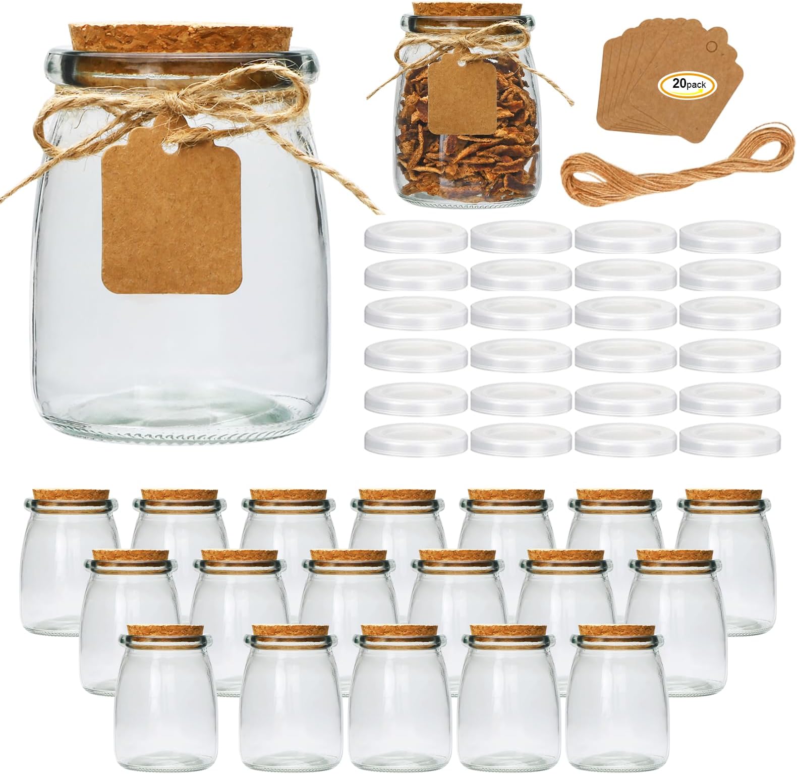 Brajttt Mini Yogurt Jars 30 Pack, 7 oz Glass Favor Jars with Cork Lids, Glass Pudding jars, Glass Containers with Lids, Mason Jar Wedding Favors Honey Pot with Label Tags and String