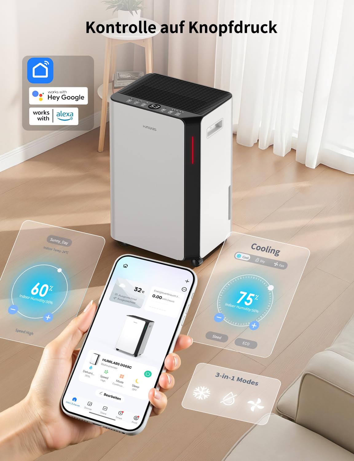 HUMILABS Elektryczny osuszacz powietrza, 20 l, do pomieszczeń o powierzchni 60 m², aplikacja i Wi-Fi, osuszacz powietrza / z wężem odpływowym / zbiornik na wodę 4,5 l / 3 tryby pracy / timer 24 h