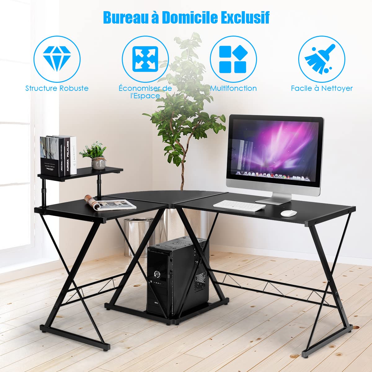 GIANTEX Scrivania A L Retrò 147x112 Cm - Tavolo Angolare Con Ripiani E Vassoio, 2 In 1 Separabile, Nero