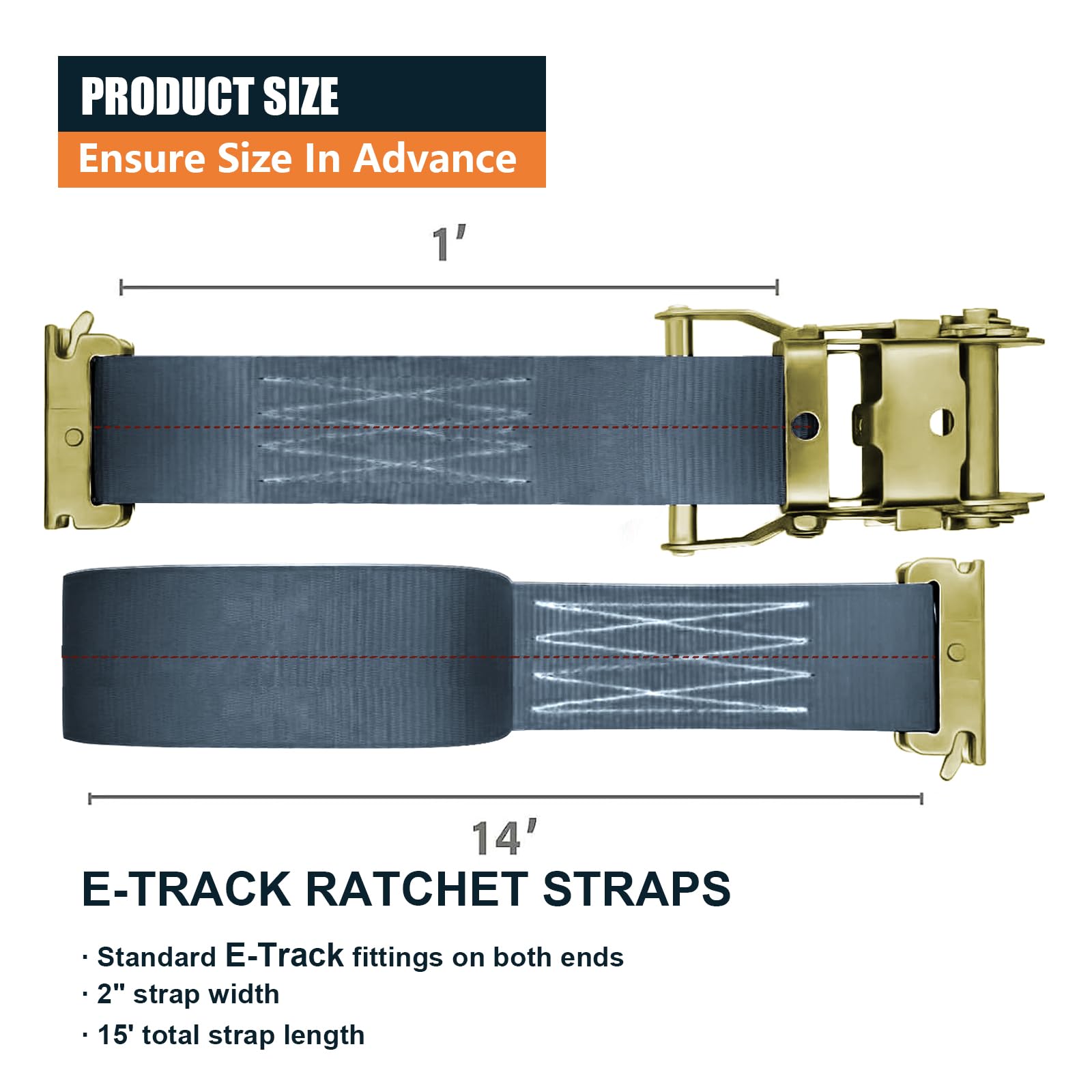Confezione da 8 cinghie per E-Track a cricchetto Etrack, cinghia nera per camion, resistente, 5,1 cm x 4,5 m, carico di rottura 1995,8 kg, carico di lavoro 2200, accessori per E-Track