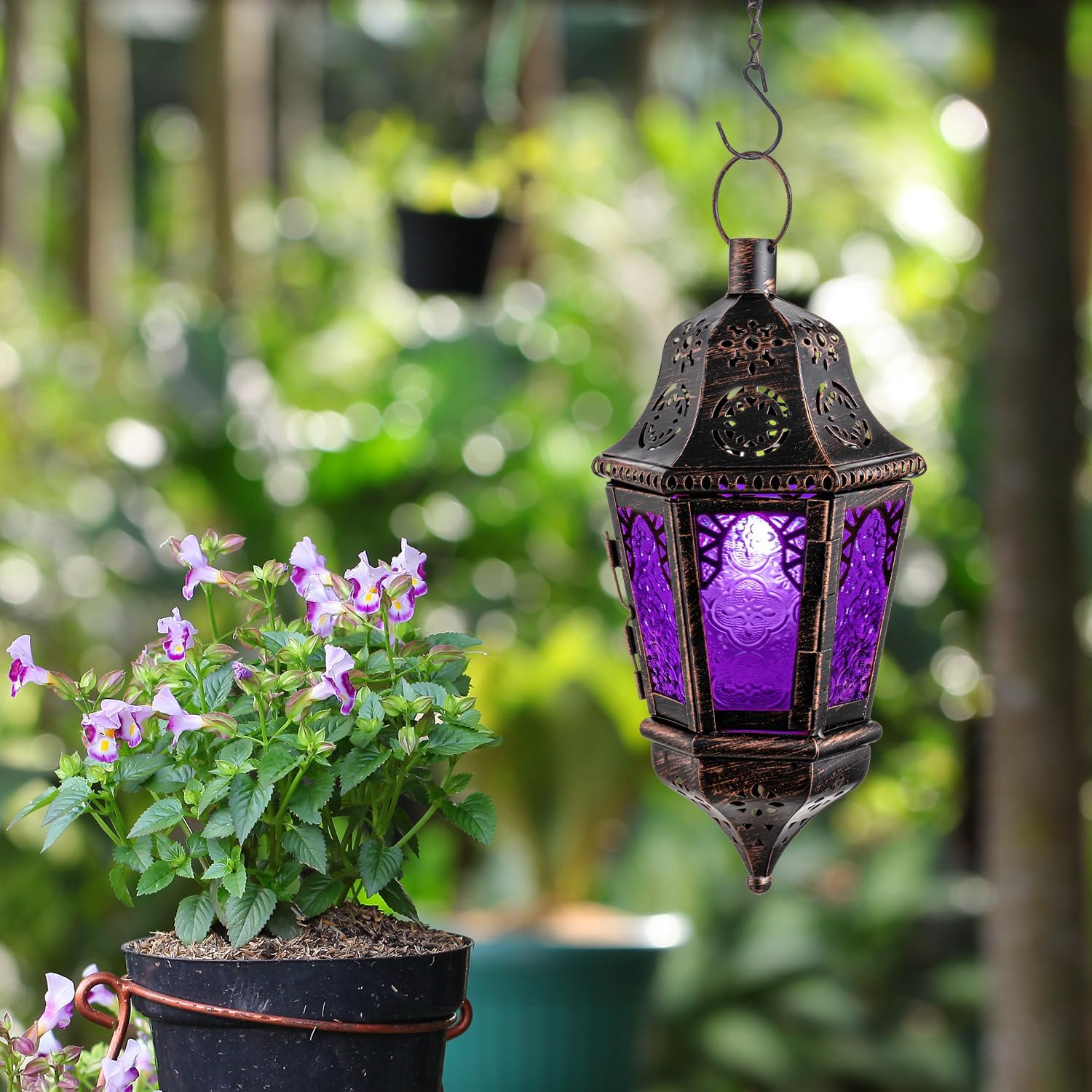 DECORKEY Moroccan Decorations Indoor, 13.6’’ Lantern Decorative Outdoor, Halloween Style Hanging Lantern with Chian for Home Porch Patio Decor, Vintage Metal Christmas Ramadan Candle Holders(Purple)