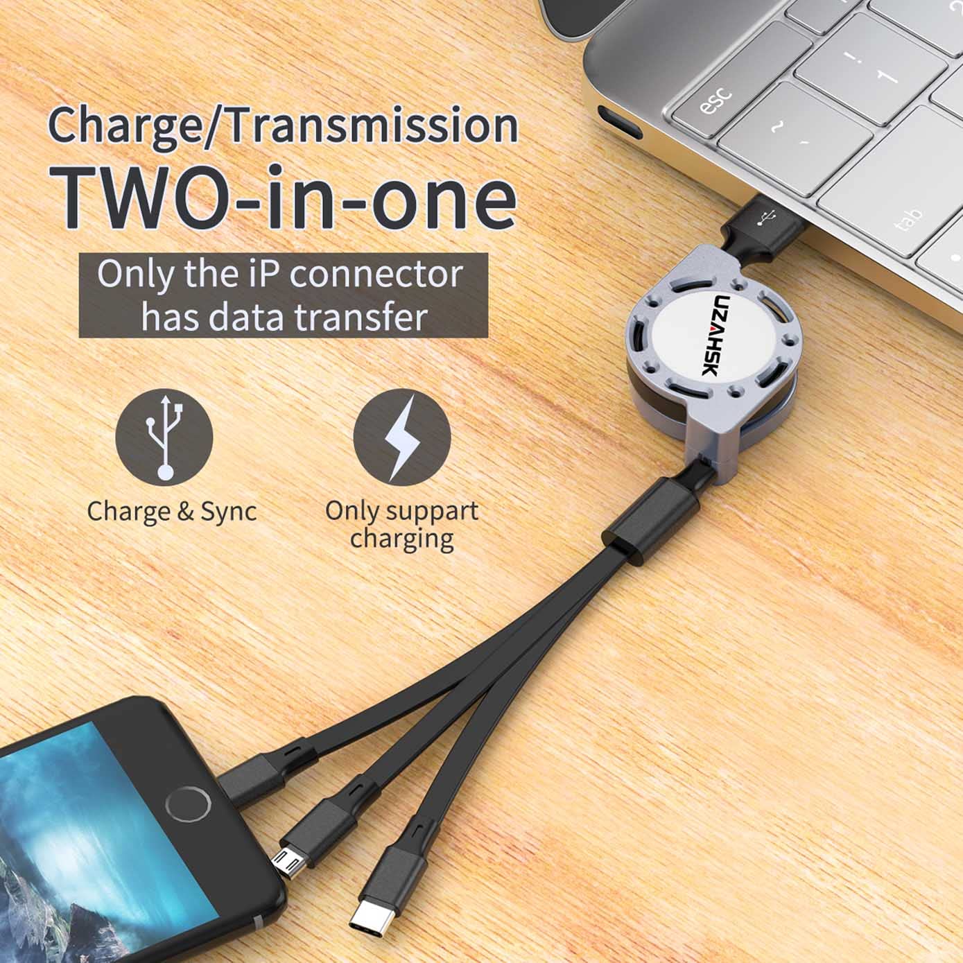 UZAHSK Multi Cavo Rapida Ricarica, [1.2M/3A] 3 in 1 Ricarica Retrattile USB Dati Cavetto Cavo With iP/Tipe-C/Micro USB Per Phone 14/13/12/11/X/8/7/Samsung/Huawei P40 /Google Pixel/OnePlus.(Nero)