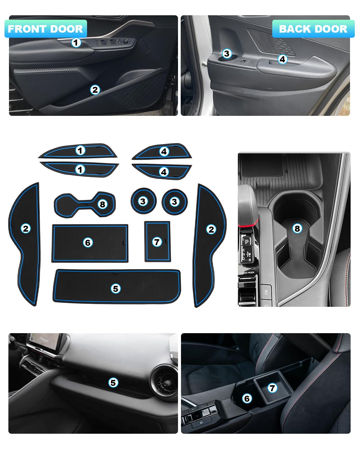 Tapis Antidérapant Ruiya Pour Toyota C-HR 2016-2023 - Protection Porte-gobelet, Console Et Portes - Accessoire Auto