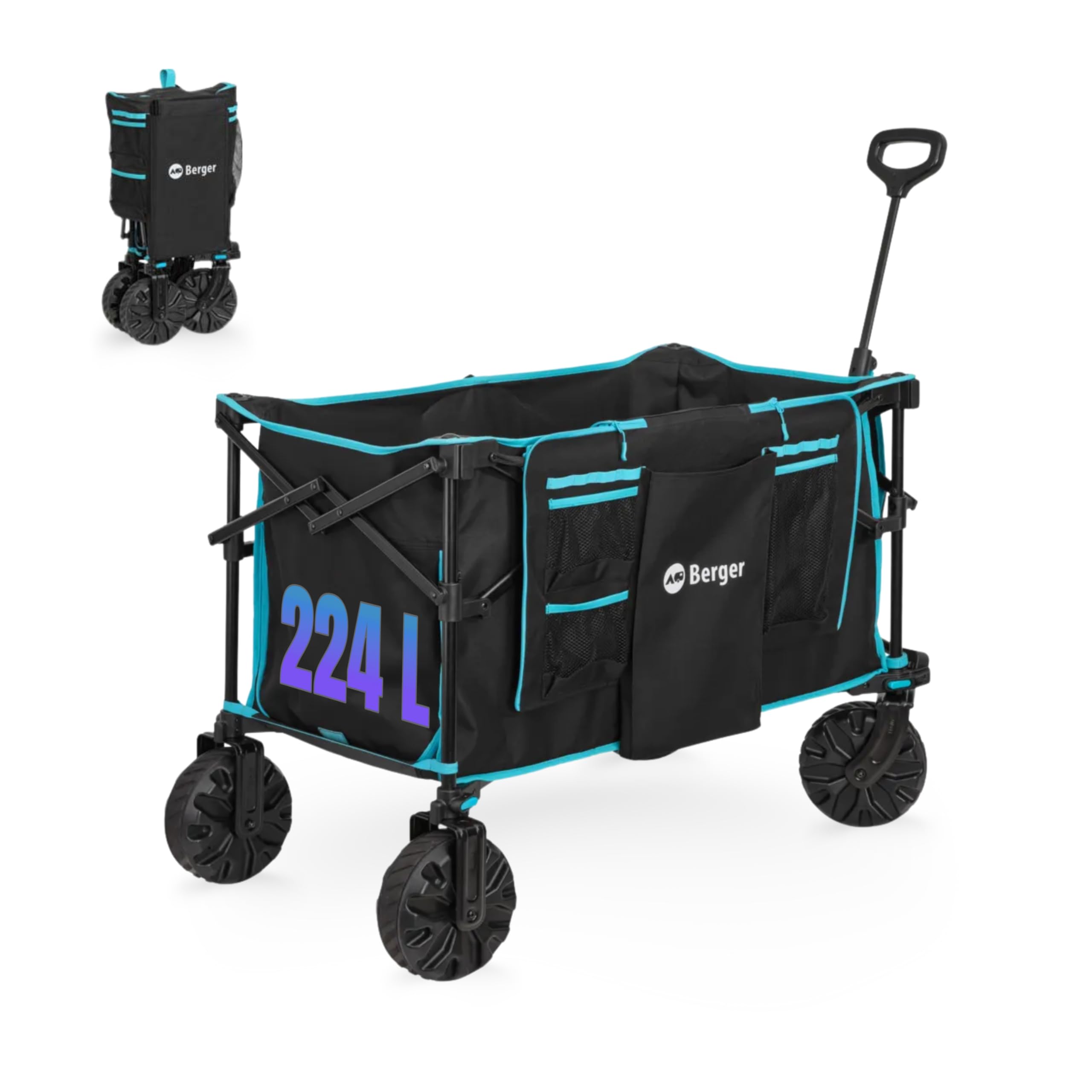 BERGER Waimea Offroad Bollerwagen | Transportwagen klappbar mit verstellbarem Griff & 360° drehbare Vorderräder | Handwagen für Gelände Outdoor Camping Einkaufen