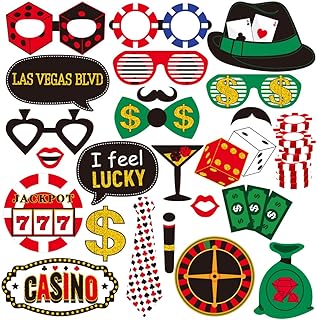 Casino Photo Booth Props, Tumwisk 24PCS Casino Theme Party Decorations, Vegas Themed Selfie Props with Stick for Texas Hold'em 777 Party, Funny Game Night Photography Props