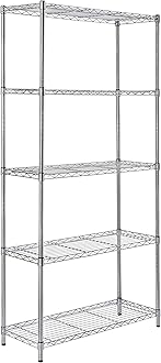 Amazon Basics 5-Shelf Storage Unit With Height Adjustable Shelves and Levelling Feet, 680 kg Max Weight, Chrome, 35.5 cm D x 91.4 cm W x 182.8 cm H