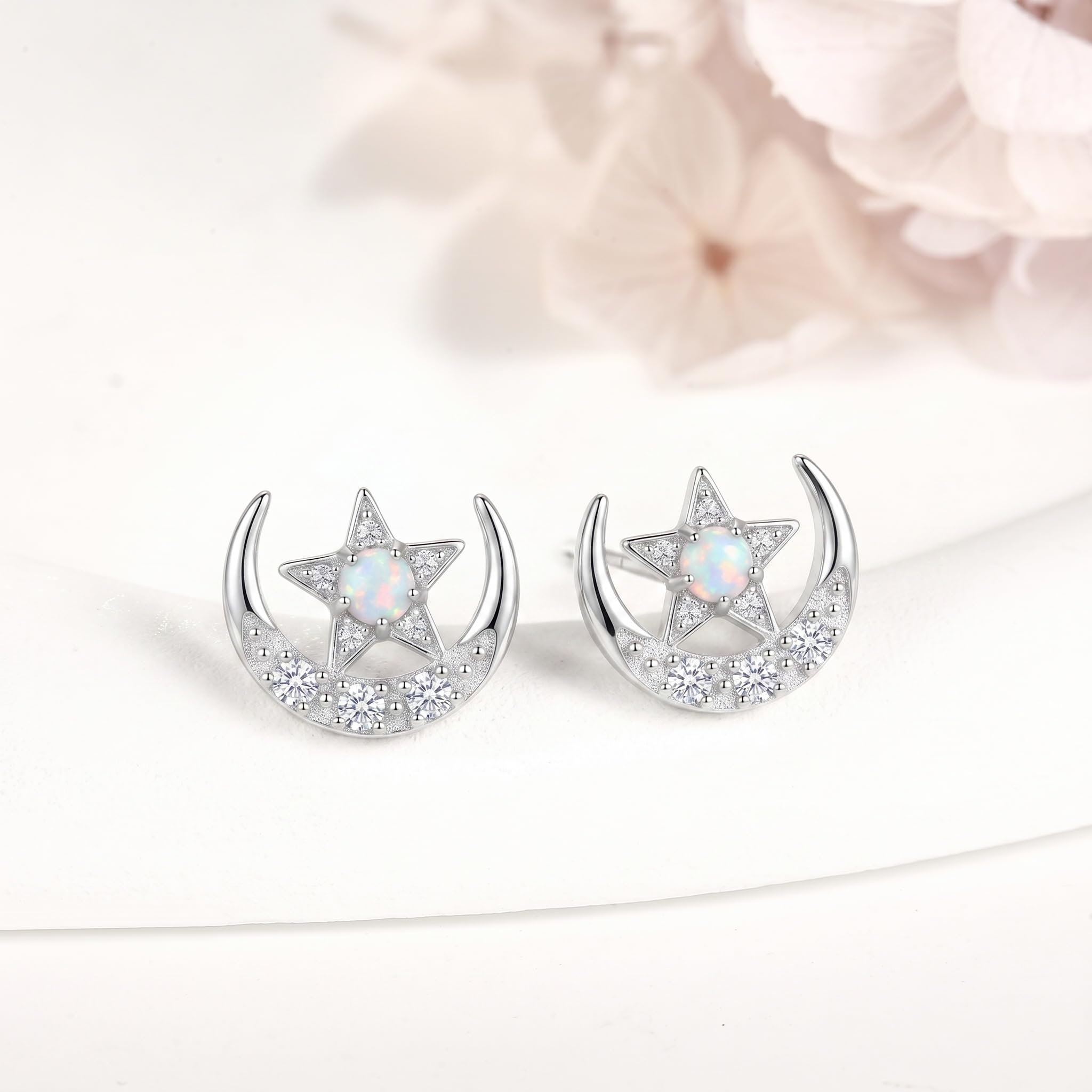 Mond und Stern-Ohrringe Ohrstecker aus 925er Sterlingsilber mit Opal-Stern, Halbmond-Schmuck, Geschenk, himmlische Ohrringe für Damen
