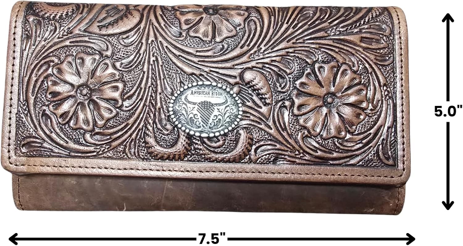 American Bison Western Brown Leather Wallet for Women Floral Filigree Clutch with RFID Blocking, 9 Card Slots, ID Window, Accordion Design