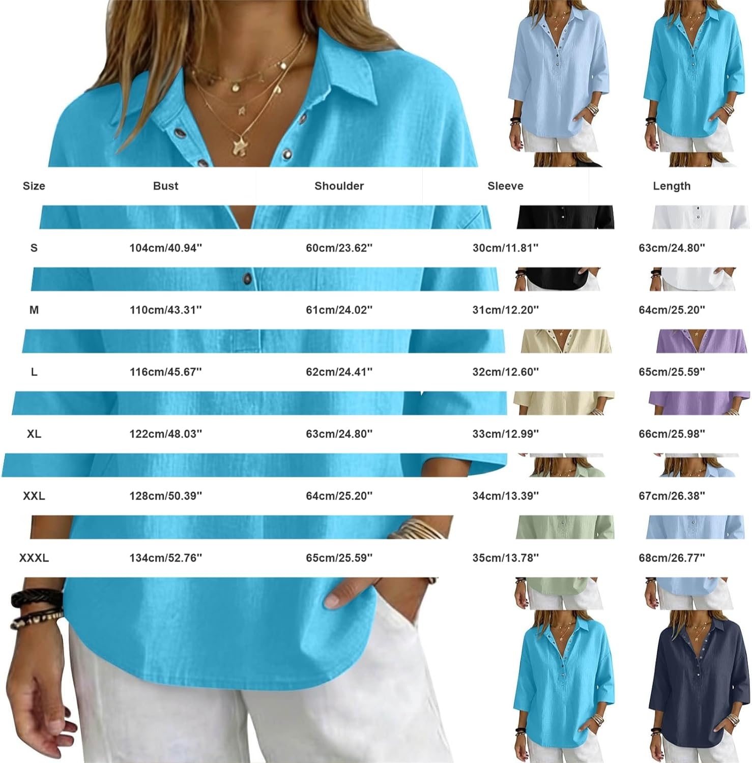 Linen Shirts for Women Casual Spring Summer 3/4 Sleeve V Neck Button up Henley Blouses Vacation Comfy Travel Tunic Tops