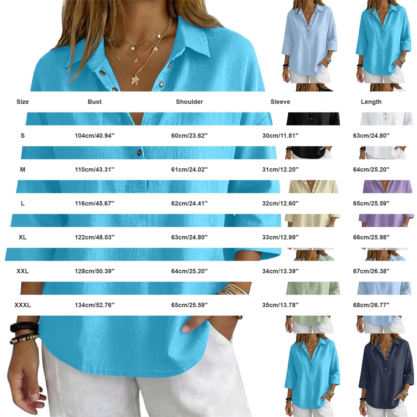 Donna Manica 3/4 Lino T Shirt V Button Down Tinta Unita Polo Camicia Elegante Blusa Top Lavoro Casual Basic Tunica Estiva Spiaggia vacanze Oversize T Shirt 2026 Comoda e Traspirante Classico Maglietta