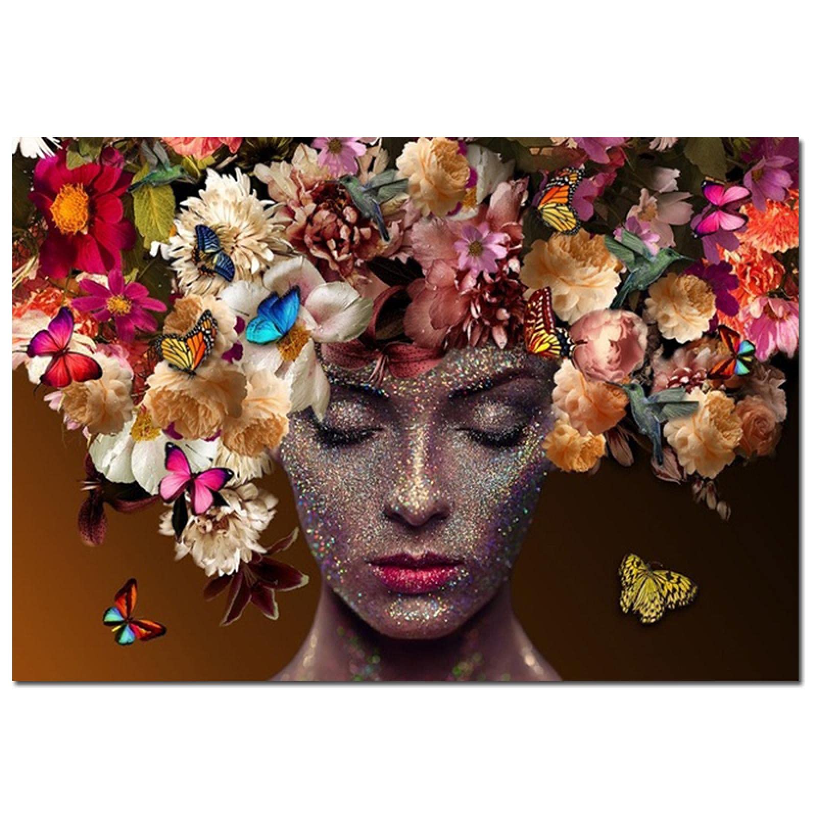 Diseño Arte de la pared Arte de la moda Chica negra africana en las flores Carteles de mariposas Impresión en lienzo Pintura Imagen Habitación Decoración para el hogar 75x135cm (30x53in) con marco