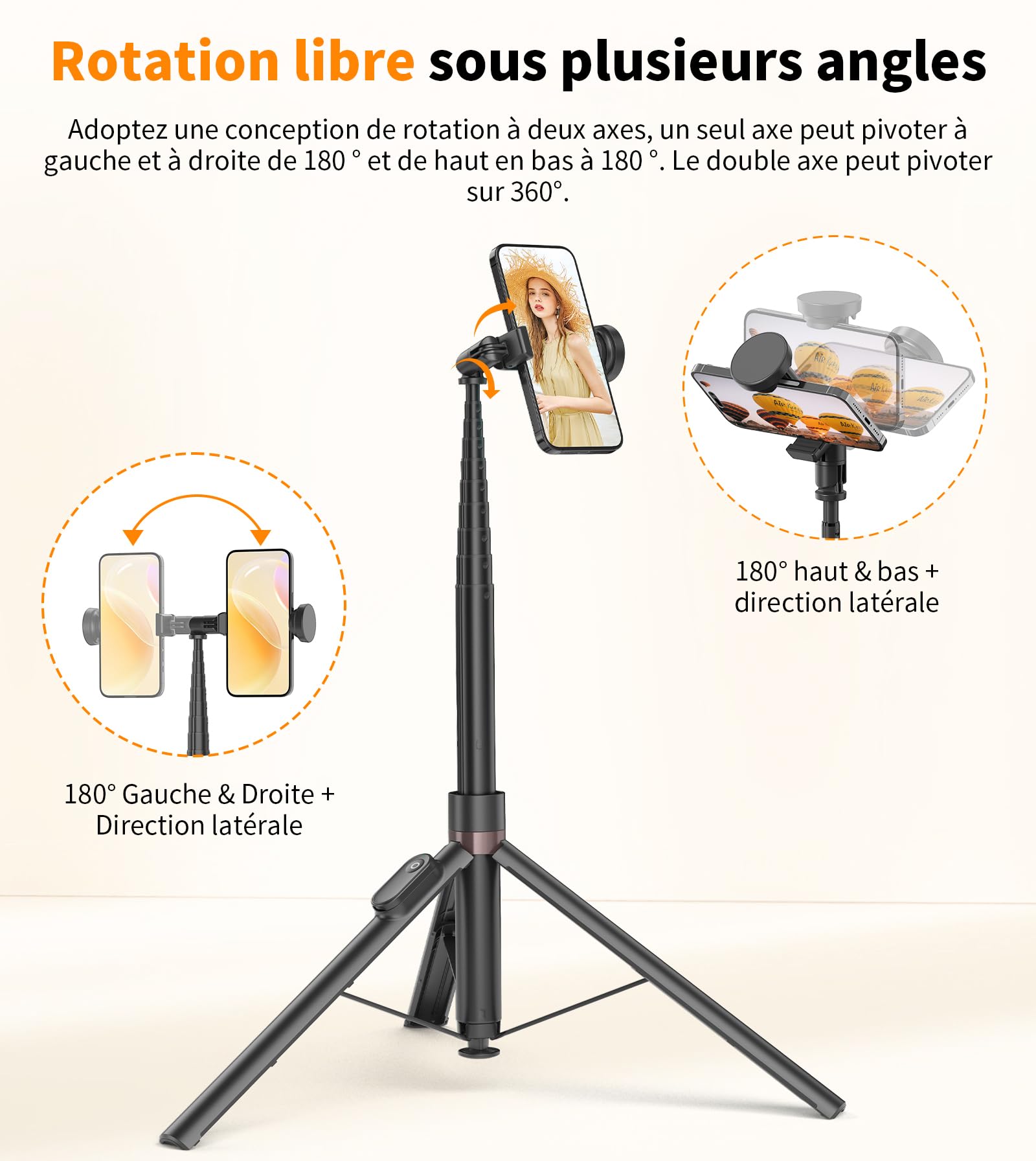 TONEOF 168cm Perche Selfie Trépied à Ouverture Automatique, Monopods Trepied Téléphone avec Télécommande Magnétique Rechargeable,Support Rotatif à 360° à 2 Axes,Trépied Stable pour iPhone/Android-Noir