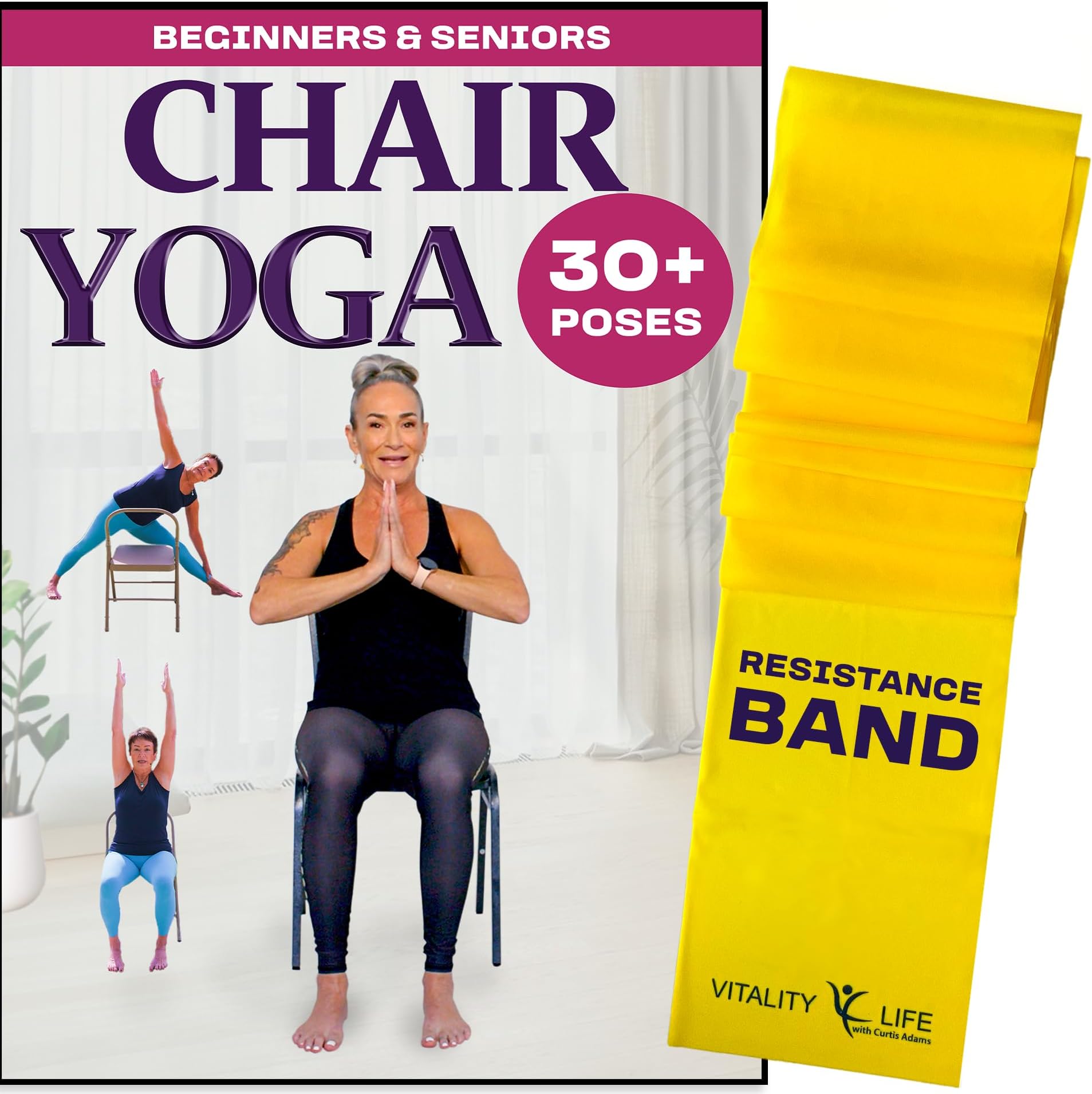 Chair Yoga for Seniors & Beginners + Band. 30+ Yoga Poses suitable for all levels beginner chair yoga for seniors over 60 DVD for weight loss chair yoga for weight loss chair exercises for seniors DVD