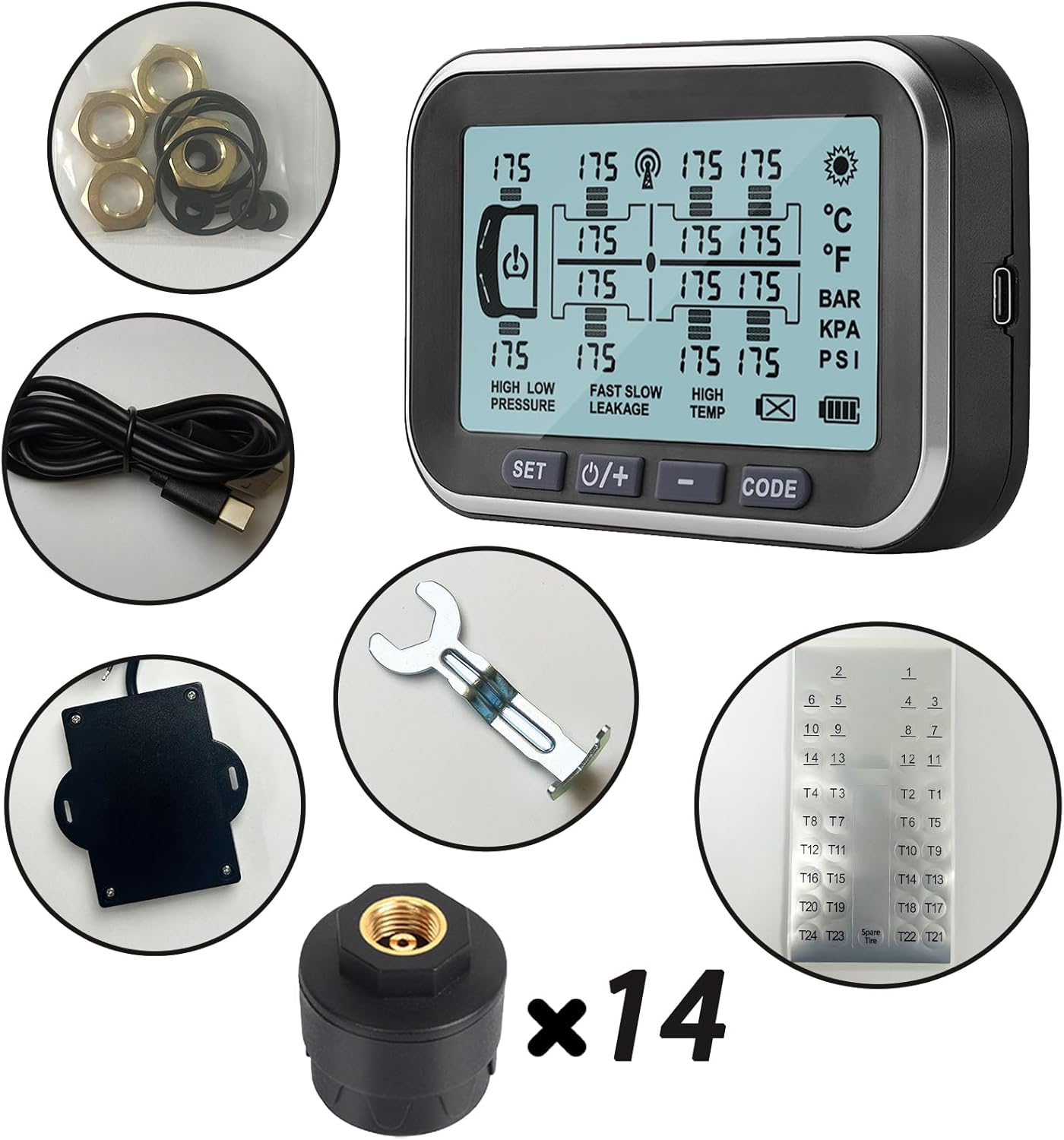 RV Tire Pressure Monitoring System, (0-199PSI) TM6 Trailer TPMS with 14 Sensors, 6 Alert Modes, Signal Booster, Long Distance Signal Transmission, for RV Trailer Truck semi-Trailer (14 Sensors)