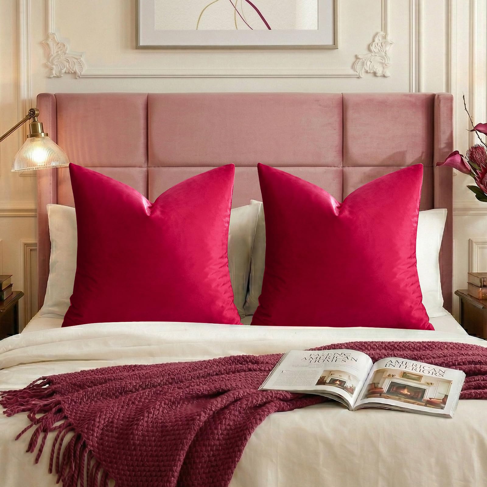 GIGIZAZA Decorative Throw Pillow Covers 26x26,Set of 2 Red Square Couch Pillow Covers,Velvet Sofa Boho Cushion Pillows โ image 1