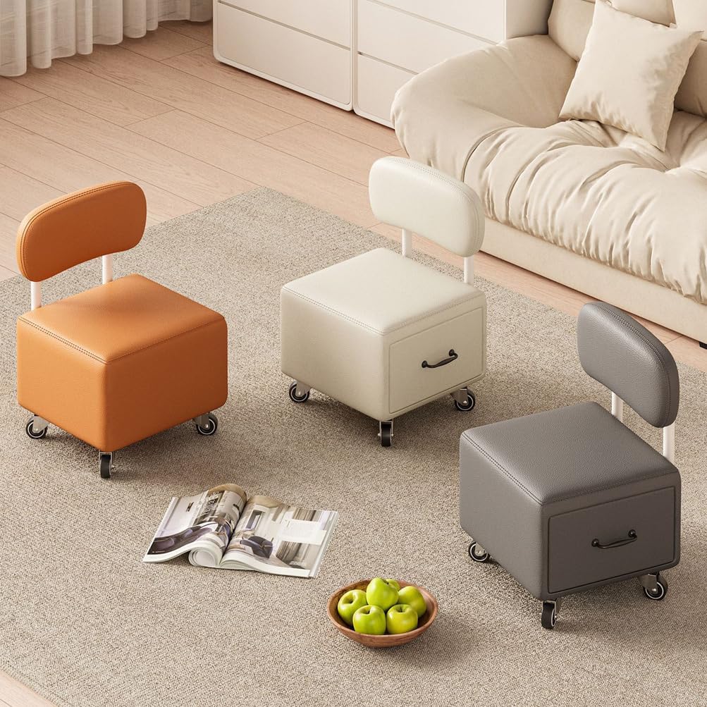 Orange,Rolling Stool with Backrest Low Height Rolling Stool with PU Leather, Roller Stool Chair, Roller Chair Heavy Duty Rolling Stools with Wheels for Home, Office, Garage, Shop, Library