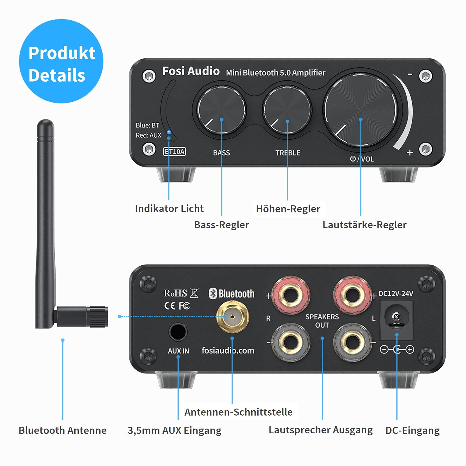 Fosi Audio BT10A Bluetooth 5.0 Stereo Audio Verstärker Empfänger 2 Kanal Klasse D Mini Hi-Fi Integrierter Verstärkter Geeignet für Lautsprecher zu Hause 50W x2 TPA3116