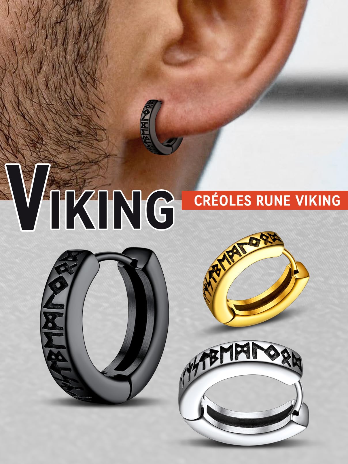 FaithHeart Viking Homme Boucle d'Oreille Runes Nordiques en Acier Inoxydable/Argent 925, Créole Petit Anneau Celtique Piercing pour Oreille Percée