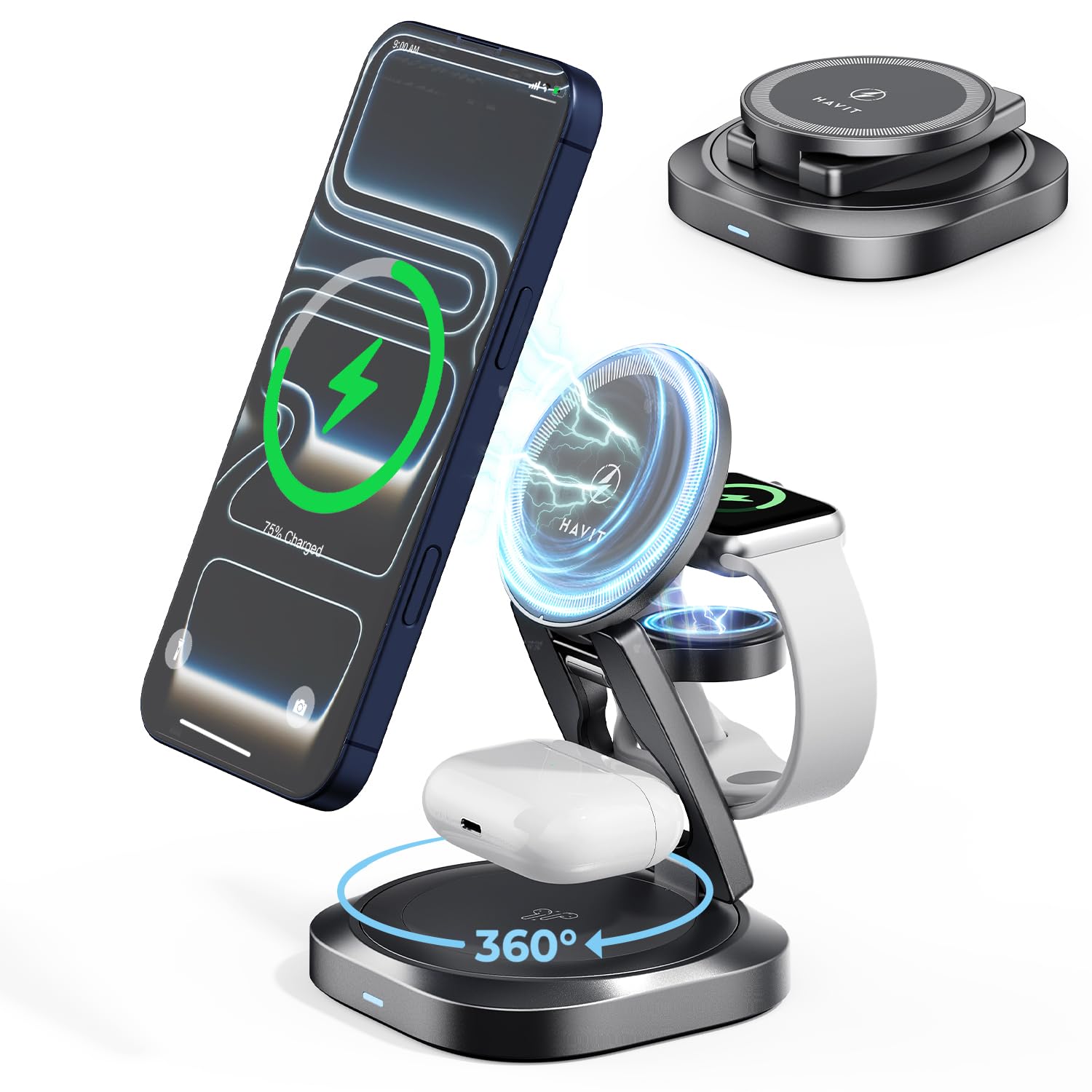 HAVIT Ultrakompakt 3-in-1 MagSafe Ladegerät, 15 W faltbares Schnellladung Kabellose Ladestation für iPhones, Apple Watch, AirPods & Alle Magnetisch Kompatiblen Handys - W3111