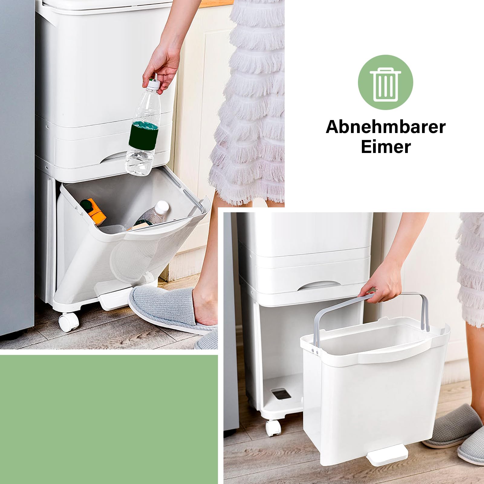 Genérico Cubo de basura de cocina de 42 L con 3 compartimentos, cubo de reciclaje grande de pp, sistemas de separación de residuos, cubo de basura con pedal, tapa con ruedas y asa para cocina