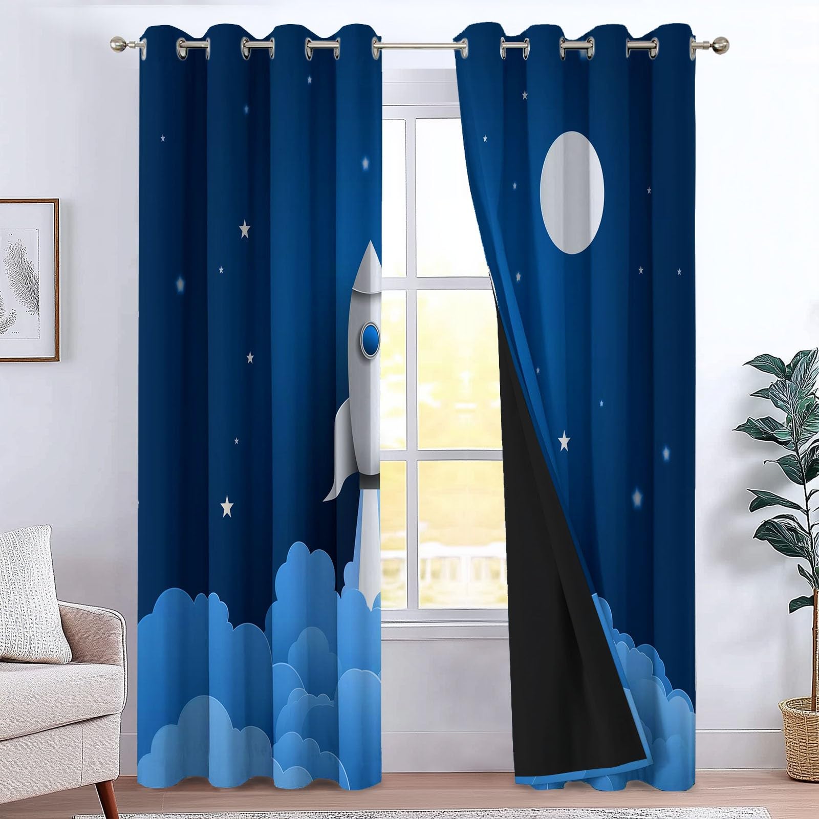 Redukcja hałasu, niebieskie zasłony na przelotkach, nieprzepuszczające światła, wzór minimalizmu, kreskówka, rakieta do salonu i sypialni, 245 x 140 cm (wys. x szer.), zestaw 2 sztuk
