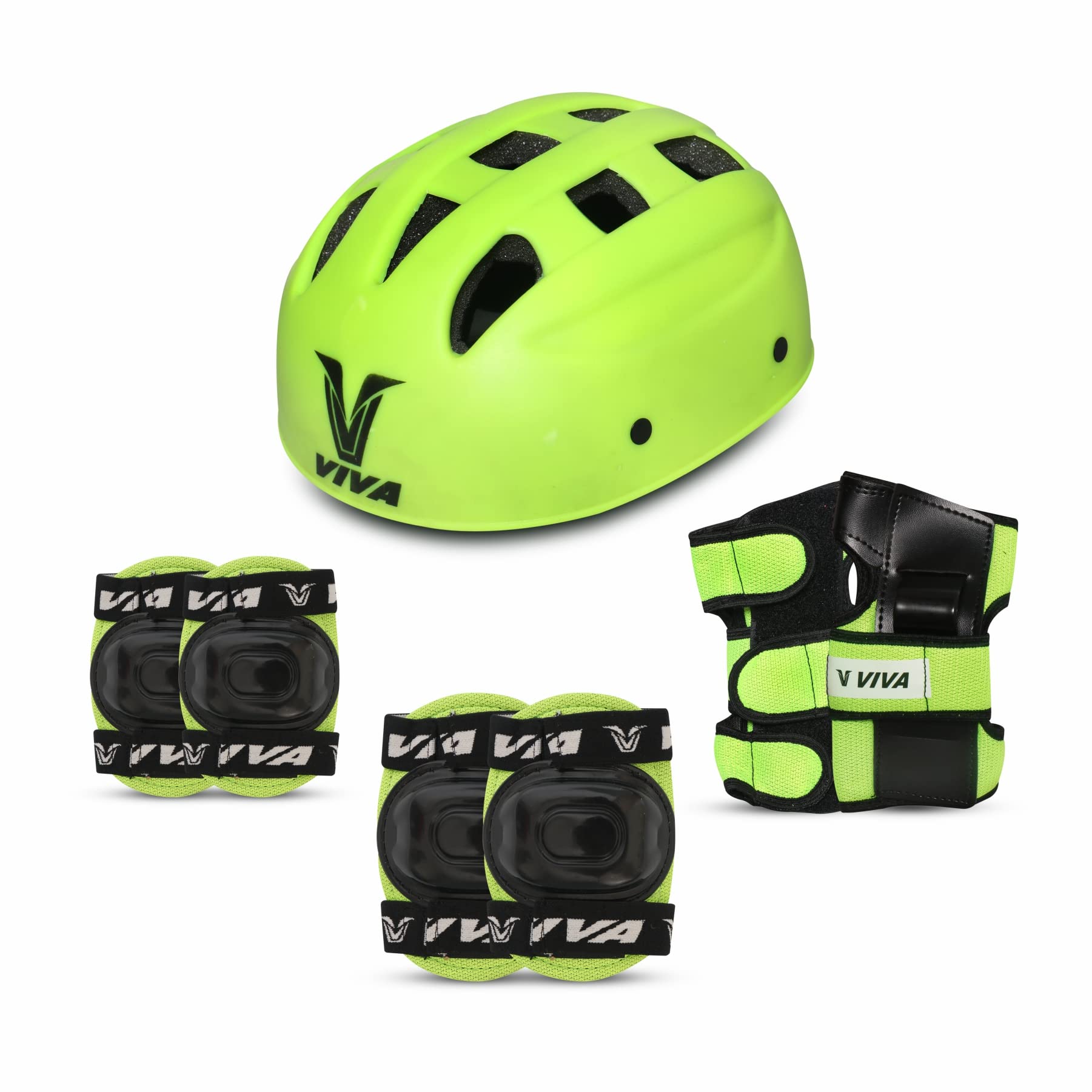 Viva Protective Set Protective Set (Knee/Elbow/Wrist Guard) Multi Purpose Safety Kit for Skateboarding, Roller Skating, Inline Skating, Cycling and Other Sports (Junior, Green)