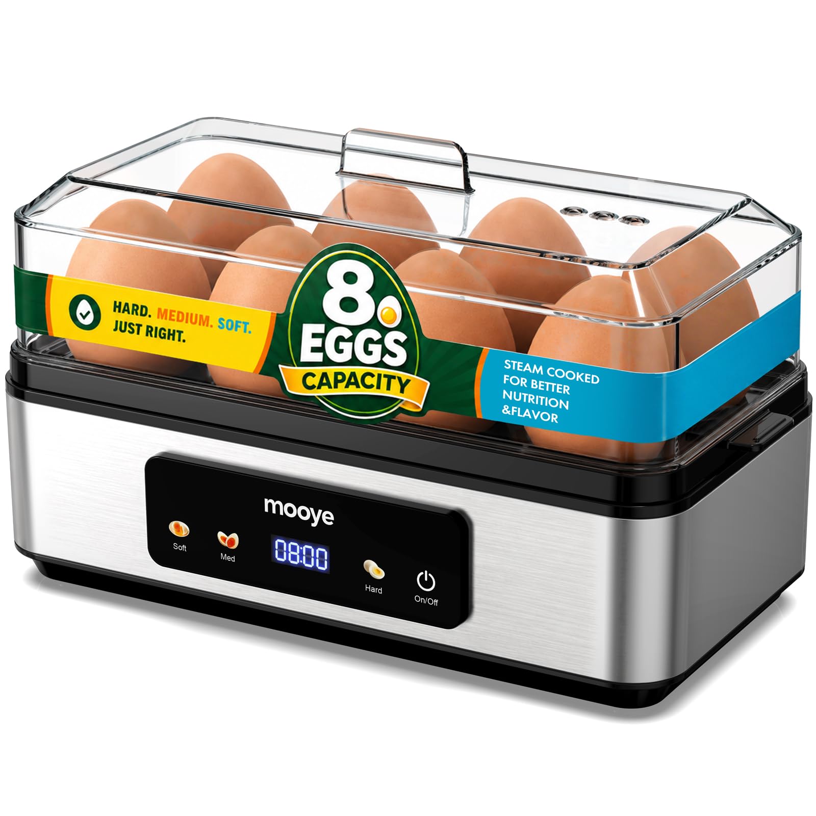Photo 1 of **FACTORY SEALED**  Mooye Rapid Egg Cooker for Hard Boiled Eggs, Electric Egg Steamer 3 IN 1 Soft Medium Hard Boiled, Egg Maker with Auto Shut-Off, Egg Boiler for Kitchen Breakfast & Fitness, BPA-Free, Holds 8 Eggs