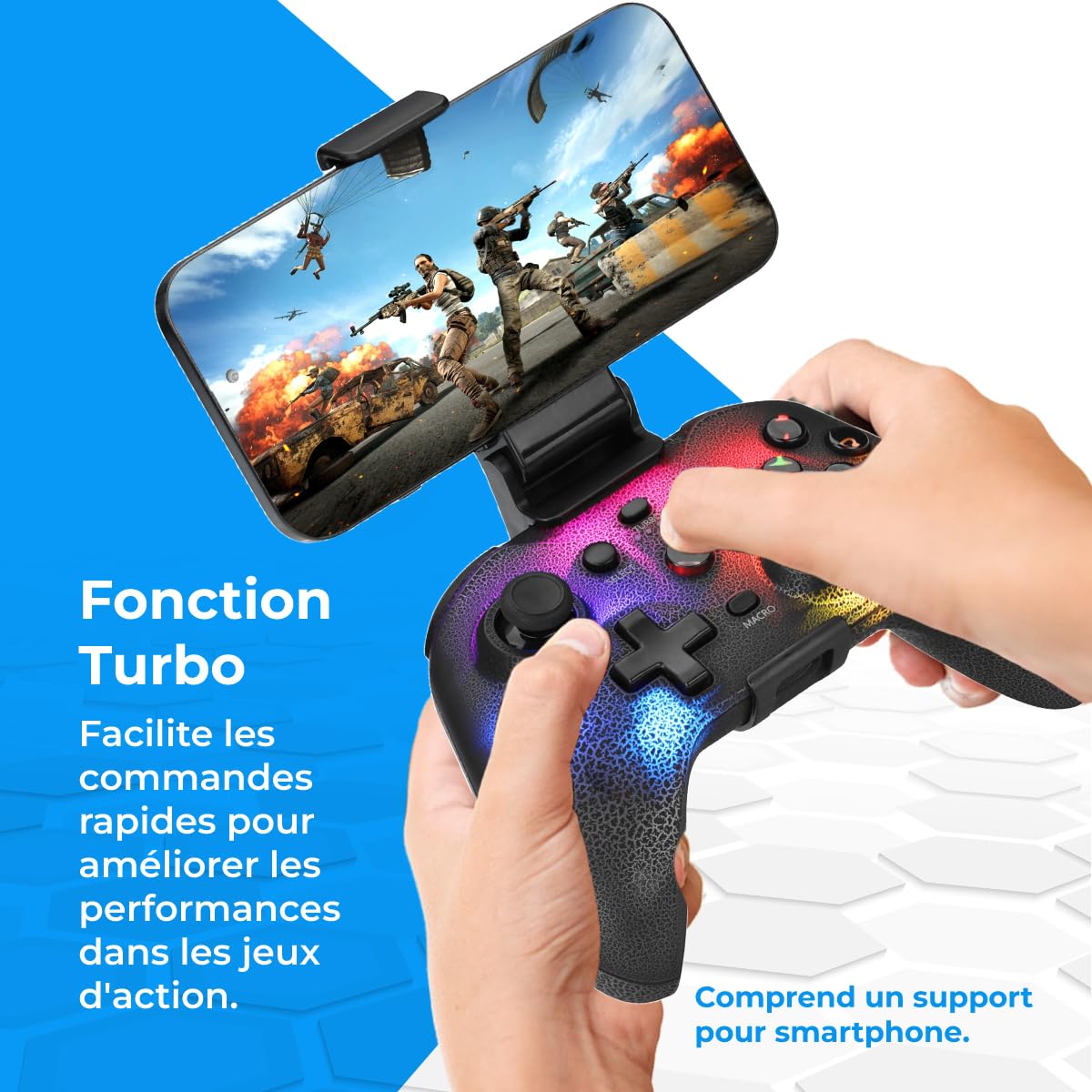 NK Wireless Switch Controller - LED RGB réglables, Compatible Switch/PC/Android/iOS, fonction Turbo, Réglages Macro, Bluetooth, 6 axes, 4 modes de vibration - Noir (avec support pour smartphone)