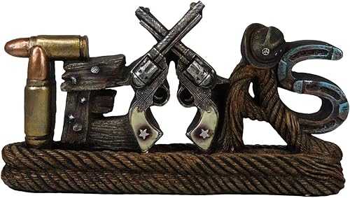 Ebros Gift Arte rústico patriótico occidental de Texas, cuerda trenzada, balas, herraduras, sombrero de vaquero y pistolas duales, figura de