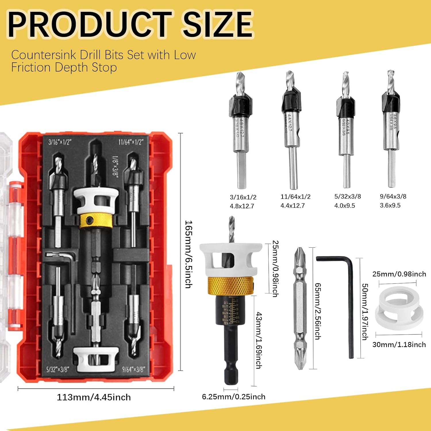 Countersink Drill Bits Set with Low Friction Depth Stop, 1/4" Quick Change Hex Shank Countersink Drill with Replaceable HSS Pilot Drill Bit, Counter Sink Drill Bit for Woodworking