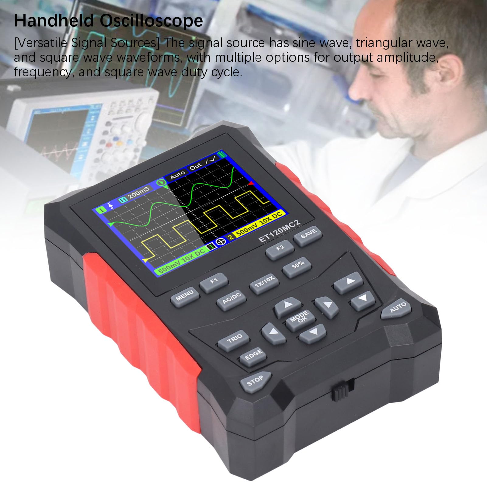 Handheld Oscilloscope, 2 Channel Oscilloscope 2500 Waveforms Oscilloscope with 2.4in TFT Display