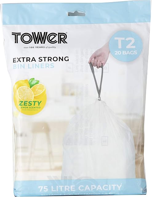 Tower T878001 Kitchen Bin Bag, 75L Lemon Scented Heavy Duty Drawstring Waste Bin Liners, 20 Pack, White, Compatible with most 75L bins