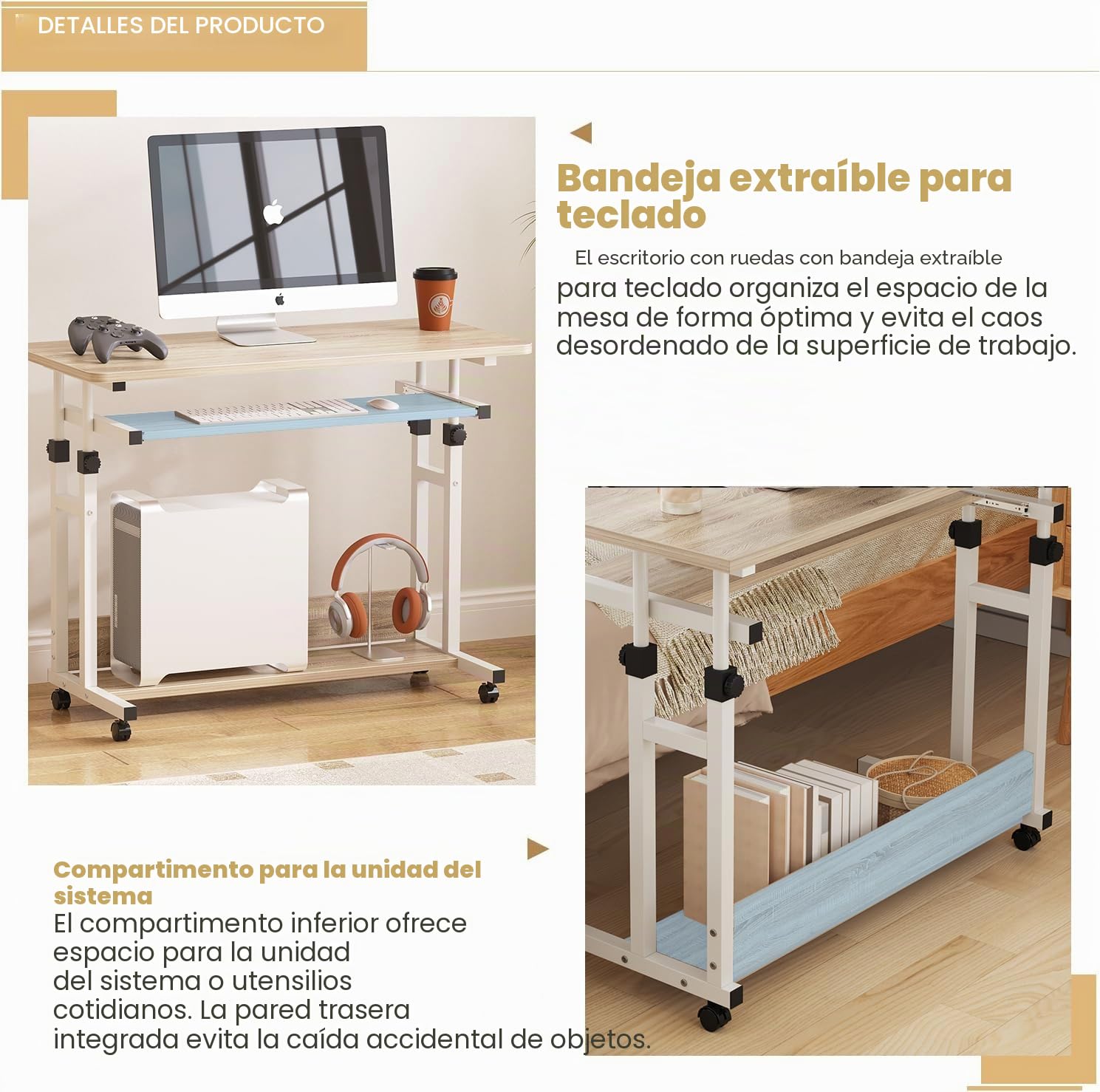 Dripex Escritorio de Altura Ajustable, Mesa de Ordenador con Ruedas, Escritorio pequeño sobre Ruedas, Mesa para portátil Que Ahorra Espacio, con Bandeja extraíble para Teclado y estantería, Mesa