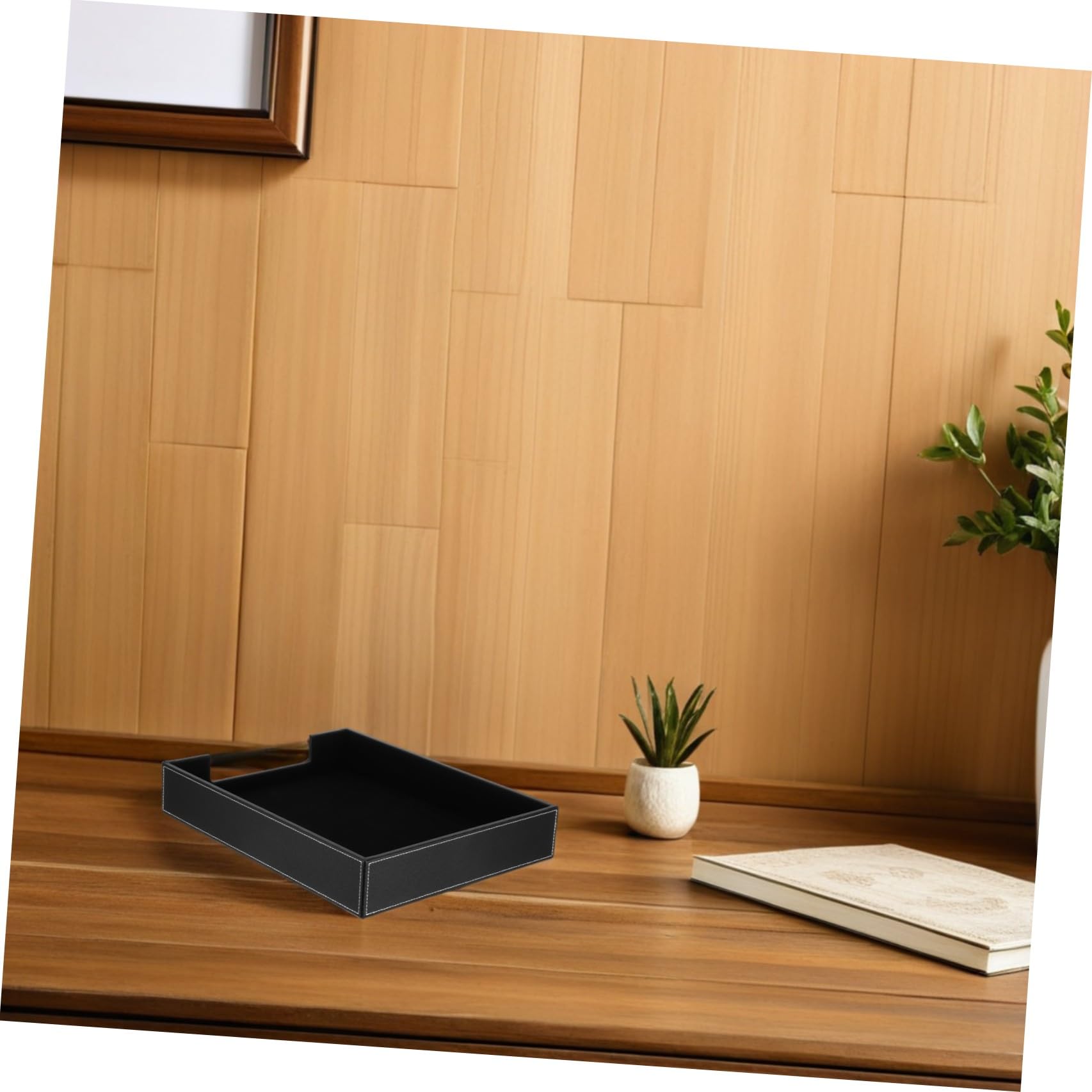 Vassoio Portaoggetti da Scrivania Nero in Pu, Organizzatore Portadocumenti Impilabile 36x28x6 Cm per Ufficio, Scaffale Portaoggetti Multifunzione per Posta, Riviste e Cosmetici