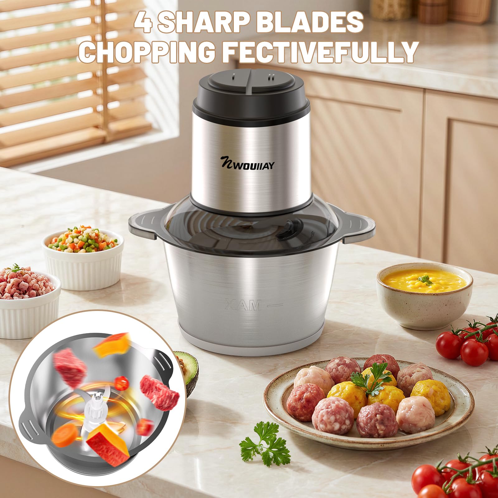 Picadora de Carne Eléctrica 300W 2L, Trituradora Multifuncional para Cocina Doméstica con 2 Velocidades y 4 Cuchillas de Acero Inoxidable, Ideal para Carne, Verduras, Frutas y Cebolla