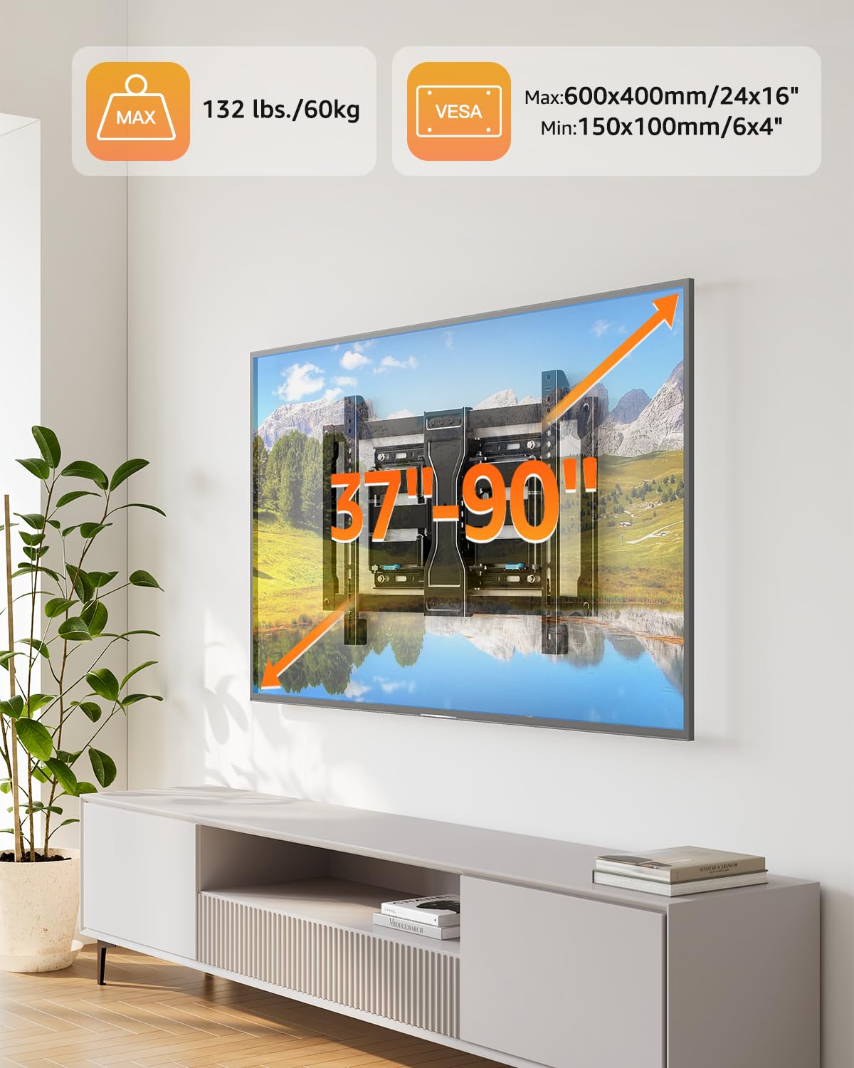 ELIVED Staffa TV ultra sottile da 2,8 cm per TV da 37-90 pollici, Staffa TV pesante 60 kg, Supporto TV a parete girevole snodabile, VESA max 600x400mm, adatto per montanti in legno 16"