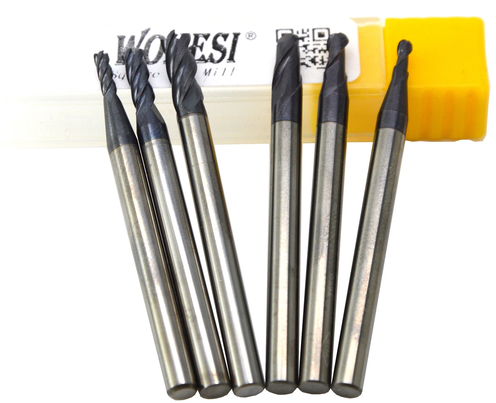Wokesi 2mm 4mm 6mm Cutting Dia,Suqare Nose End Mill and Ball Nose End Mill Set,Pack of 6,HRC55,TiAlN Coated,Solid Carbide,CNC Lathe Router Bits Milling Tools (2mm+4mm+6mm HRC55)