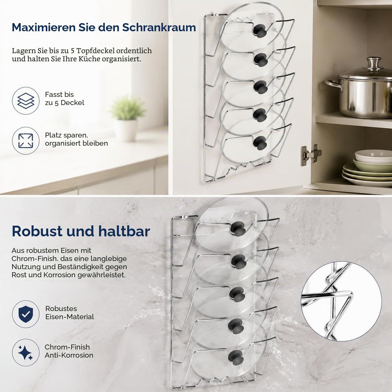 Yosoo Health Gear Wandmontage Topfdeckelhalter Chrom 5 Deckel, 2 Stk.