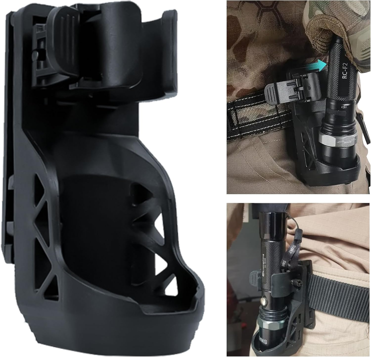 Flashlight Holster for Belt, Flashlight Holder with Lever Side Lock System Rotatable Torch Holder Fit for 1"-1.55" Dia. Flashlight