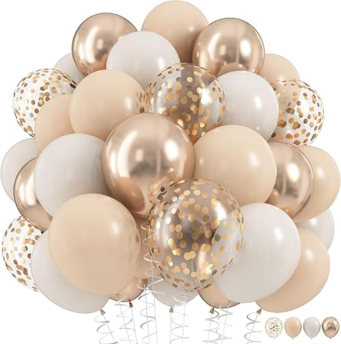 Juego de 60 globos de látex de 12 pulgadas en color beige, blanco arena, dorado champán y con confeti dorado, para decoración de fiesta de