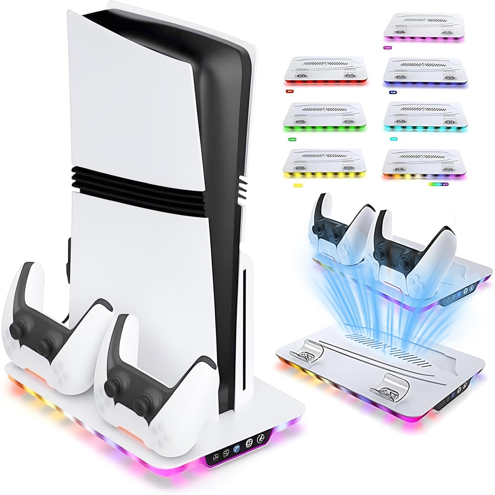 Dock ventola di raffreddamento per Slim/PS5, caricatore dock di ricarica per controller modalità illuminazione RGB velocità dell'aria regolabile in 3 livelli con cavo USB