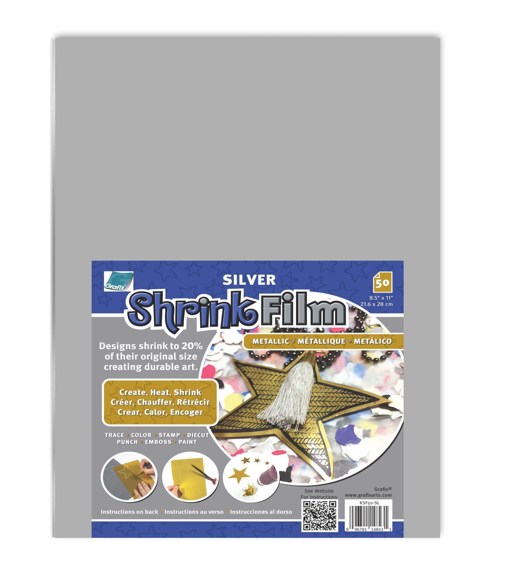 Grafix Metallic Shrink Film, Silver Opaque, 8.5 x 11 in, Pack of 50