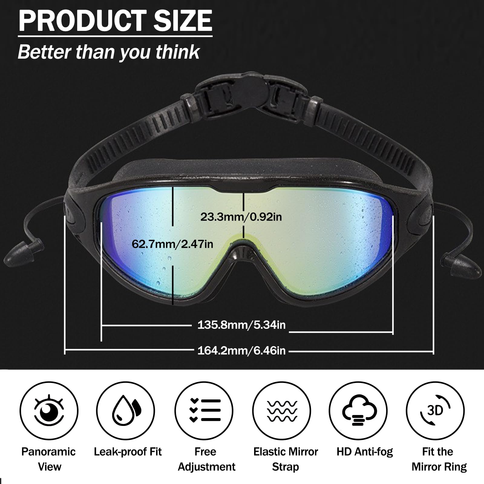 YZCCKJ Large Frame Swim Goggles with Nose Cover and Case, Wide View HD Anti Fog, UV Protection Swimming Goggles for Adults (Black Red)