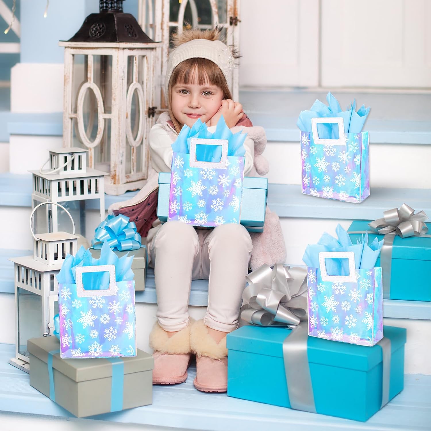 Whaline 12Pcs Winter Snowflake Clear PVC Gift Bags with Handles and Tissue Paper Holographic Winter Wonderland Snowflake Party Favor Bag Iridescent Treat Tote Bag for Xmas Holiday Wedding Birthday - Image 4